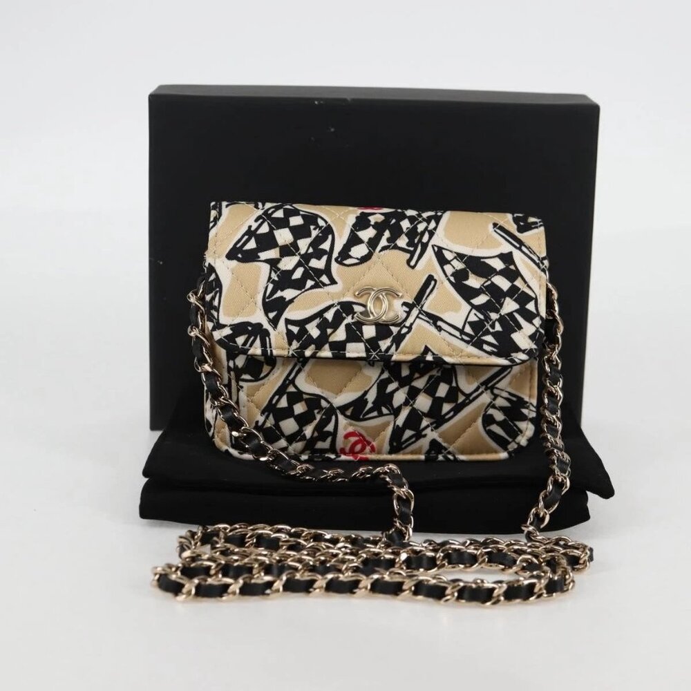 CHANEL Matelasse Checkered Flag Chain Shoulder Bag Nylon Beige CC Auth 125975M - Picture 13 of 16